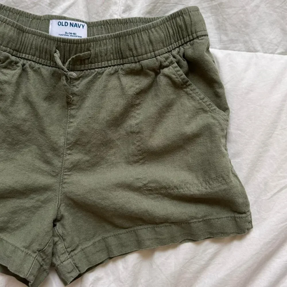 old navy Olive green linen shorts youth sz‎ XL 14 16 pockets lightweight elastic